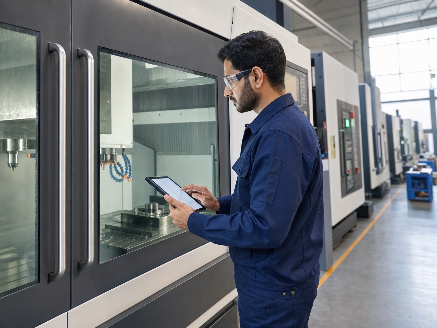 Engineer inspecting a CNC machine with a tablet